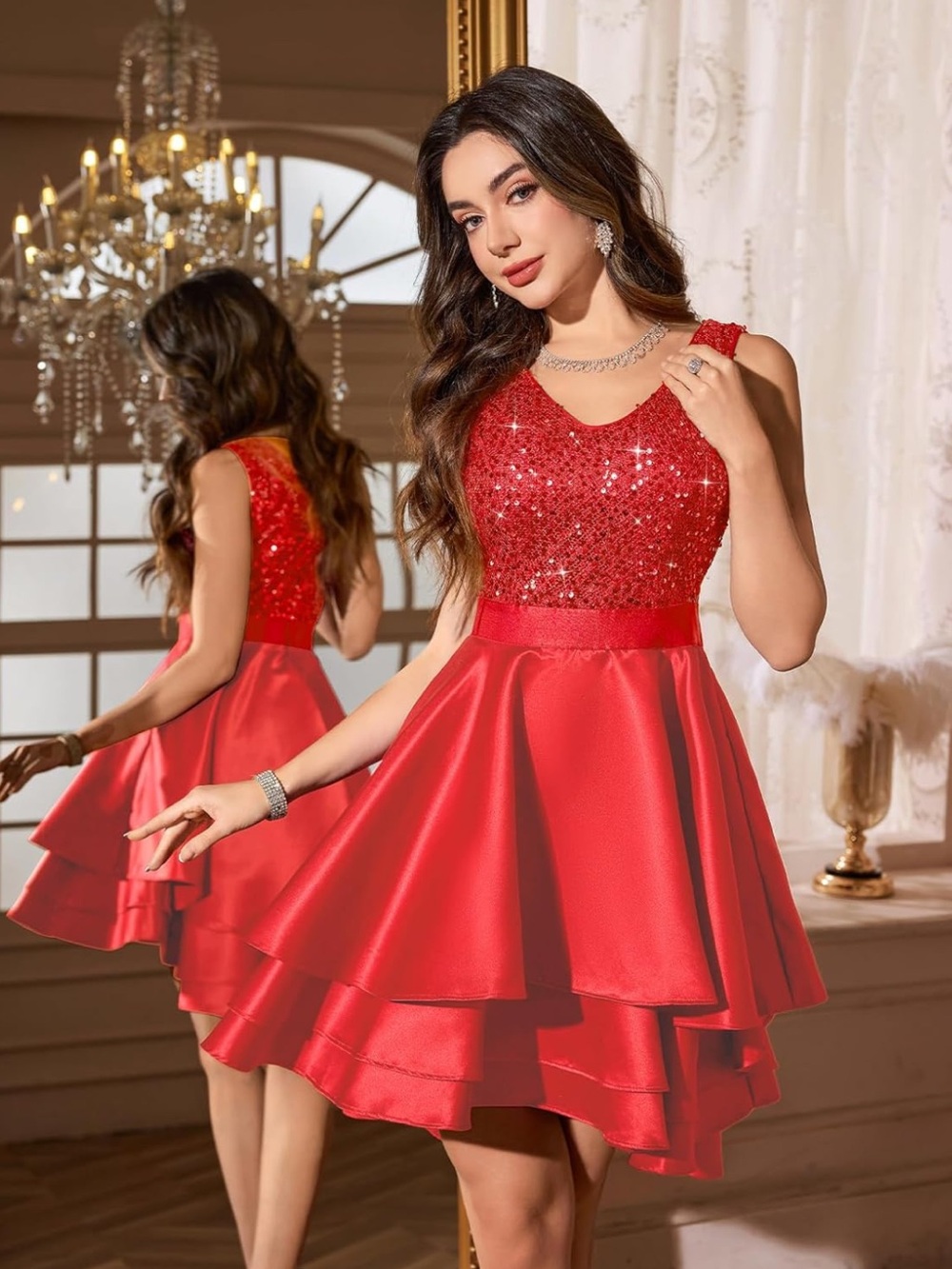 Red Sequin V-Neck Fit & Flare Party Dress